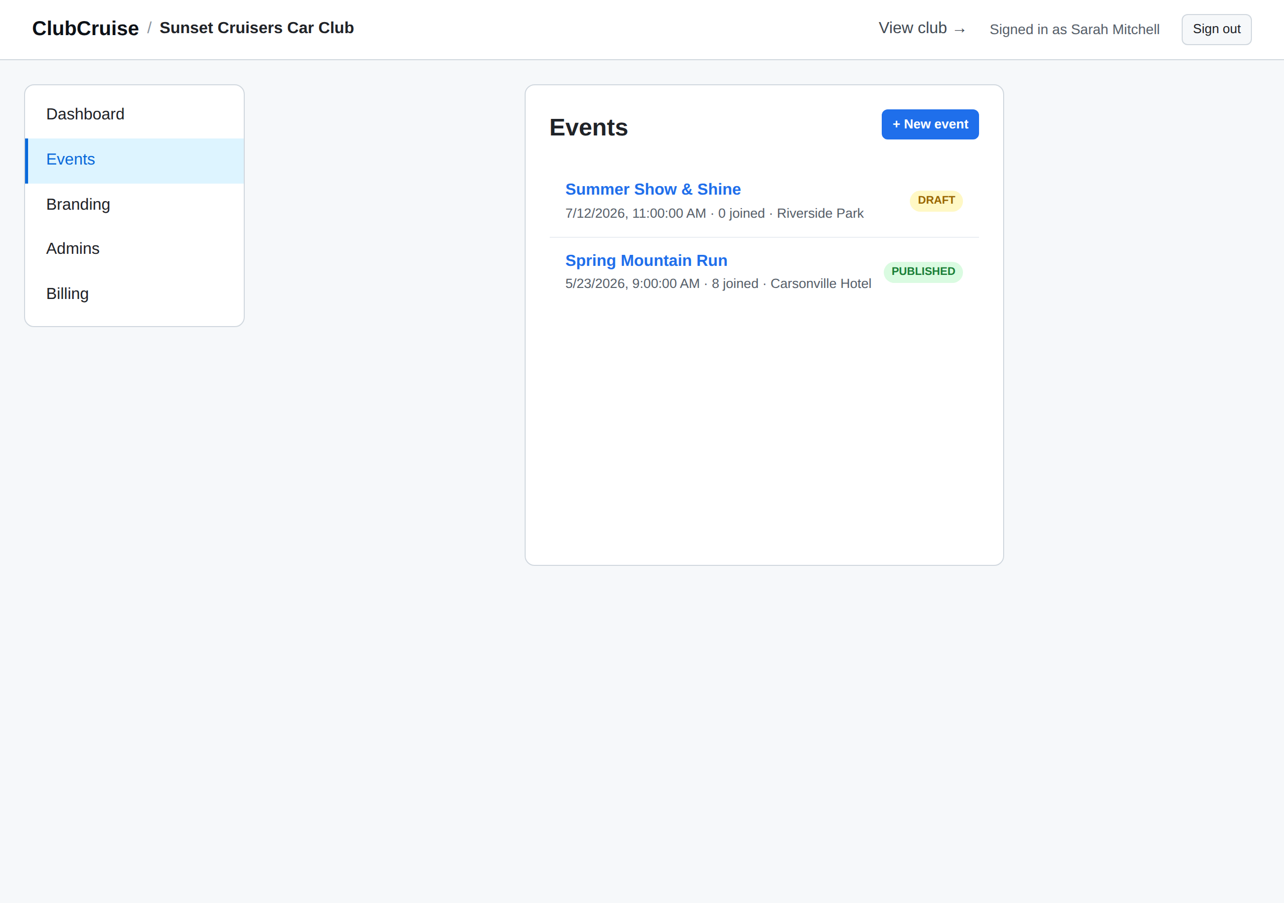 Admin events listing