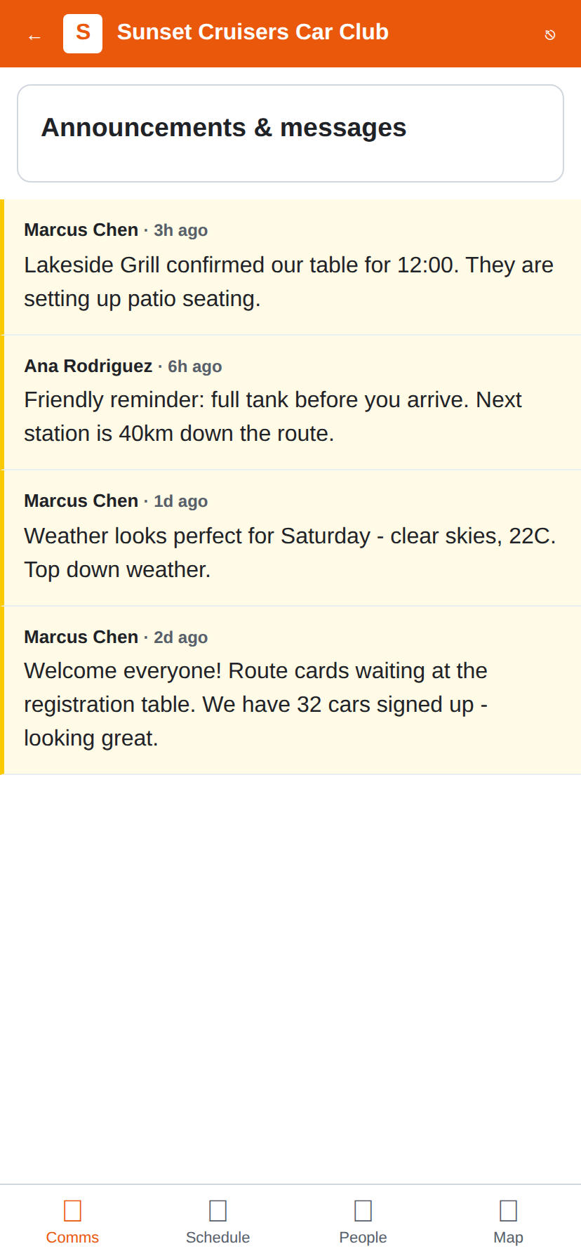 Announcements screen showing organizer messages