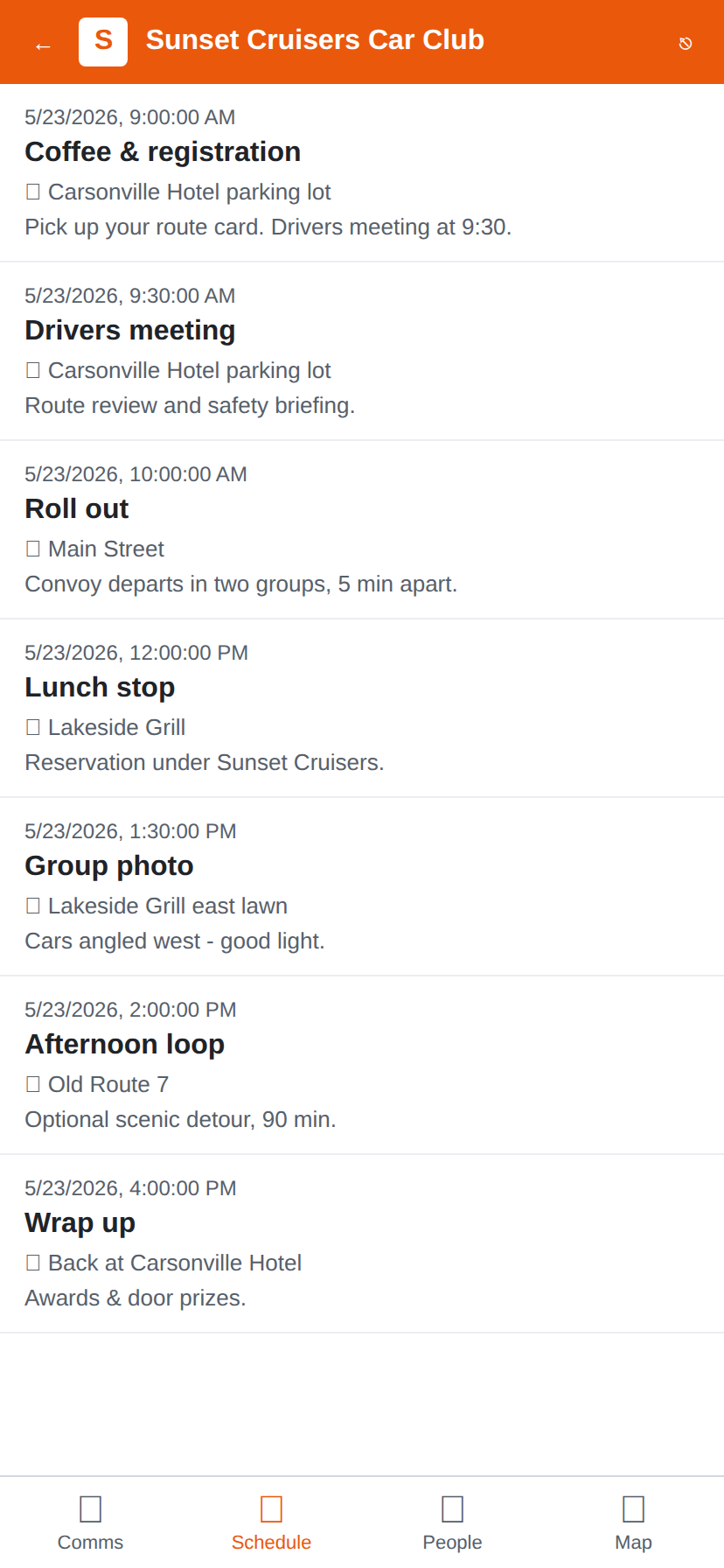Timed schedule showing the day's itinerary